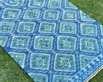Handmade Indigo Blue and Green Color Rug, Large Living Room Kilim Rug, Turkish Wool Rug, Vintage Rug, Nomadic Rug, Oushak Rug, 9’6”x6’7” ft