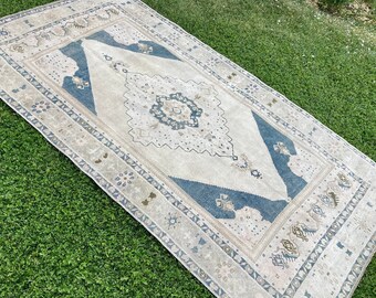 Vintage Wool Area Rug, Turkish Rug, Distressed Low Pile Rustic Area Rug, Oushak Rug, Faded Blue Color Tribal Rug, Antique Rug, 8’7"x4’9” ft