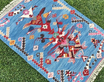 Alfombra Kilim azul marino, alfombra Oushak, alfombra turca tejida a mano, alfombras Kilim de piso, alfombra vintage, alfombra rumana, alfombra hecha a mano, alfombra boho, 4'5"x3'2" pies