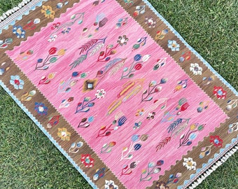 Ręcznie tkany orientalny różowy dywan dywan, dywanik Vintage, dywan Oushak, ręcznie robiony różowy dywan kilimowy, antyczny turecki różowy dywan, różowe dywaniki, 4'x5'7 "ft
