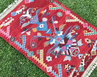 Red and Blue Turkish Wool Floor Kilim Rugs, Turkish Rug, Kilim Rugs, Red Rug, Vintage Rug, Turkish Kilim Rug, Handmade Rug, 4'5”x3'2” feet
