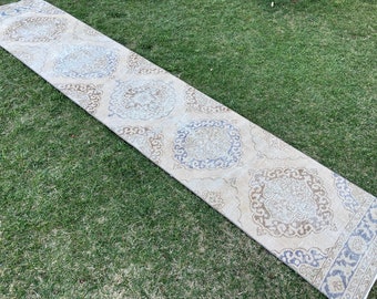 Vintage Distressed Oushak Rug Runner, Turkish Runner Rug, Over Dyed Long Nawy Blue and Beige Runner, Hand Knotted Runner Rug, 12'x2'5" ft