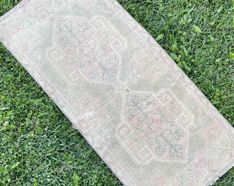 Alfombra de corredor pequeño hecha a mano, Vintage Rug Runner, Short Runner Rug, Wool Oushak Rug, Bath Mat Rug, Bathroom Rug, Turkish Rug, Rugs, 1'7"x3'6"