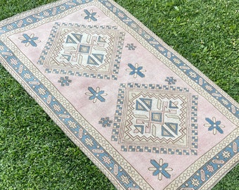 Home Decor Living Room Area Rug, Pink Blue Rug, Vintage Handmade Rug, Oushak Rug, Turkish Rugs, Boho Chic Wool Rug, Pink Rug, 7’5”x4’5” ft