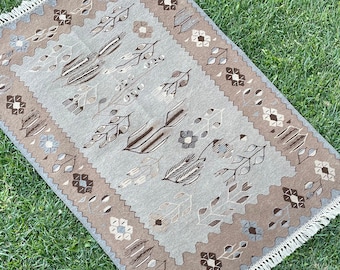 Alfombra Kilim con estampado de flores en color natural, tejida a mano, nueva alfombra hecha a mano, turca, Oushak, decoración del hogar, kilim de área, 1,70 m x 1,20 m