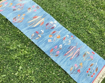 Mid Century Handwoven Turkish Kilim Runner Rug, Traditional Anatolian Kilim Runner, Blue Color With Flower Pattern Short Runner, 6’5”x2’ ft