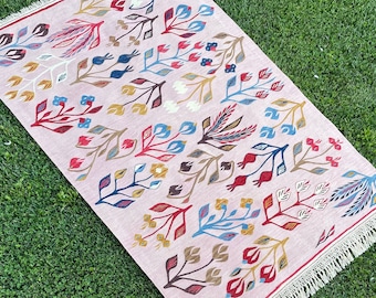 3’9&quot;x5’9&quot; ft, Turkish Pink Oushak Rug, Hand Woven Kilim Rug, Vintage Rug, Oushak Rug, Flower Floor Wool Area Rug, Nomadic Oriental Pink Rug