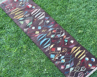 Flower New Handmade Runner Rug, Wool Kilim Rug Runner, Hallway Runners, Turkish Runner Rug, Homestyle Decor Embroidery Runner Rug, 8’5x2’3