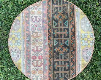 Vintage Round Rug, 2’5x2’5 Oval Rug, Hand Weaving Wool Rug, Bohemian Patchwork Rug, Round Bath Mat, Round Kitchen and Bedroom Rug
