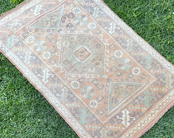 Vintage Oushak Rug, Tapis vintage turc, Tapis muté, Tapis Noué à la main orientale, Tapis fait main en détresse à faible pile, Livraison gratuite, 3'9"x6' ft