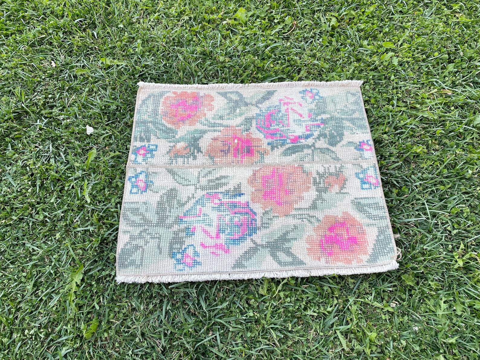 Pink and Navy Blue Square Rug Bathroom Rug Vintage Small Etsy