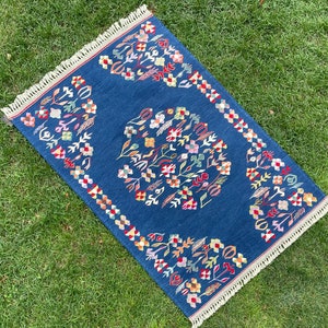 Rustic Decor Blue Rug, Wedding Decor Rug, Turkish Kilim Rug, Blue Wool Rug, Vintage Rug, Wall Decor Rug, Oriental Floral Rug, 5’8”x4’ feet