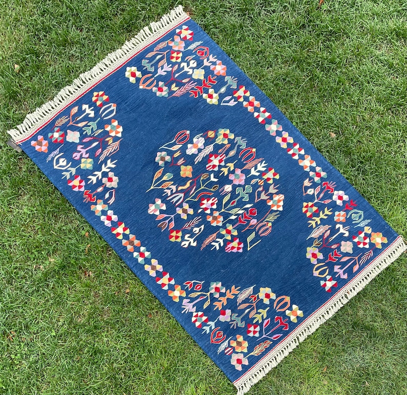 Rustic Decor Blue Rug, Wedding Decor Rug, Turkish Kilim Rug, Blue Wool ...