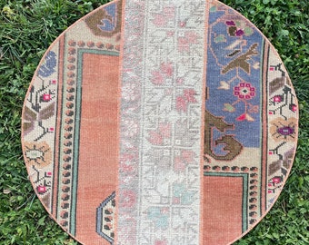Small Round Rug, Round Table Rug, Hand Made Rug, 2’5x2’5 Circle Rug, Area Round Kilim Rug, Bath Mat Rug, Door Mat, Kitchen Round Rug