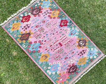 Pink Rug, Turkish Rug, Oushak Rug, Pink Kilim Rug, Bohemian Rug, Carpeting, Area Rug, Art Rug, Vintage Rug, Tribal Rug, 6’x4’ ft
