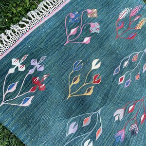 May include: A teal blue rug with a fringe border features a repeating pattern of stylized floral designs in shades of red, pink, yellow, blue, and white.
