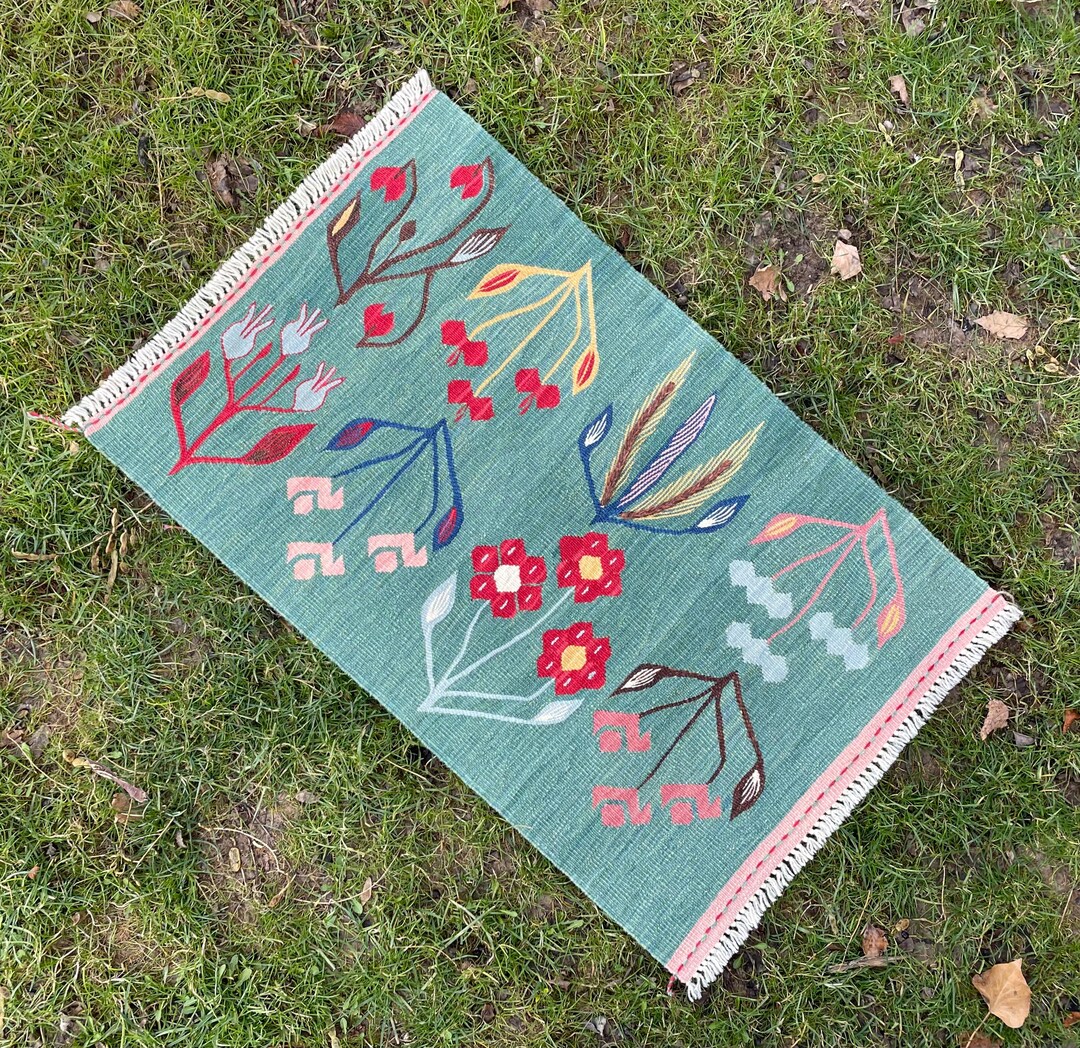 Runner Rug Simple Pattern Small Green Runner Rug, Flower Pattern Rug, Kilim Rug, Table Runner ...