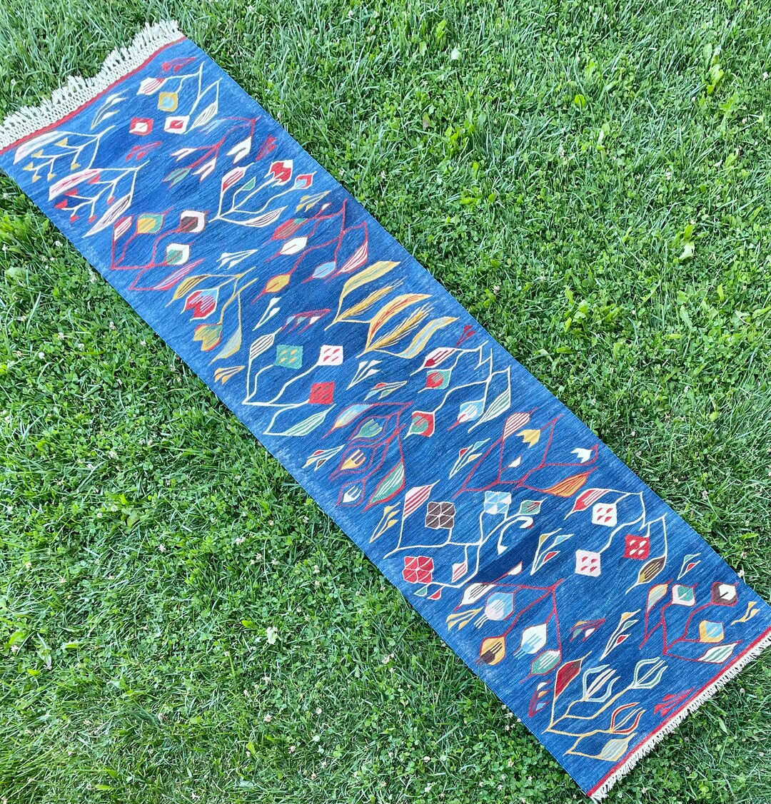 Handwoven Blue Flower Pattern Runner Rug Vintage Wool Entry Etsy