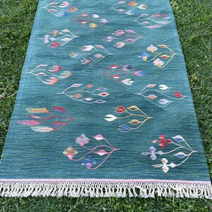 May include: A teal green rug with a fringe border features a repeating pattern of stylized floral designs in shades of pink, red, yellow, blue, and white.