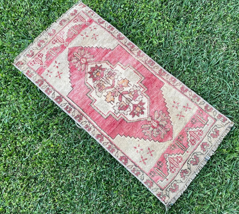 Turkish Small Rug, Vintage Rug, Oushak Rug, Bohemian Rug, Carpet, Home Decor Rug, Door Mat Rug, Bedroom Rug, Bath Mats, 14x3 ft image 1