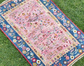 Vintage Pink Rug, Turkish Pink Rug, Pink Rug, Oushak Rug, Kilim Rug, Pink Floor Area Flat Woven, Vintage Rug, Kilim Rug, Rugs, 8' x 5'4" ft