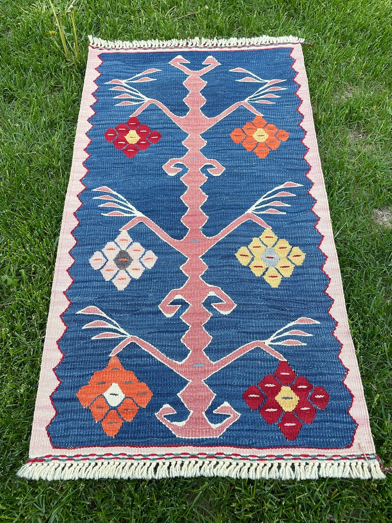 Small Rug, Oushak, Vintage Indigo Blue Floor Door Mat, Turkish Rug, Bath Mat Rug, Area Rug, Floor Rug, Hand Made Rug, Bohemian Rug, 2'9x1'7 image 2