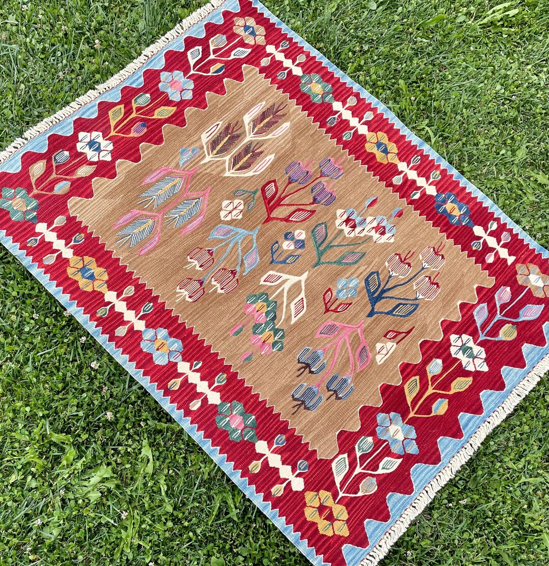 Tribal Rug, Vintage Turkish Kilim Rug, Wool Vintage Kilim, Oushak Kilim