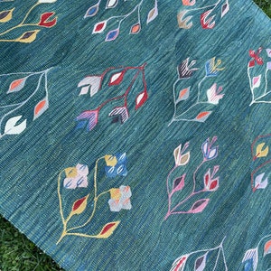 May include: A teal blue rug with a repeating pattern of stylized flowers in shades of pink, red, yellow, blue, and white.