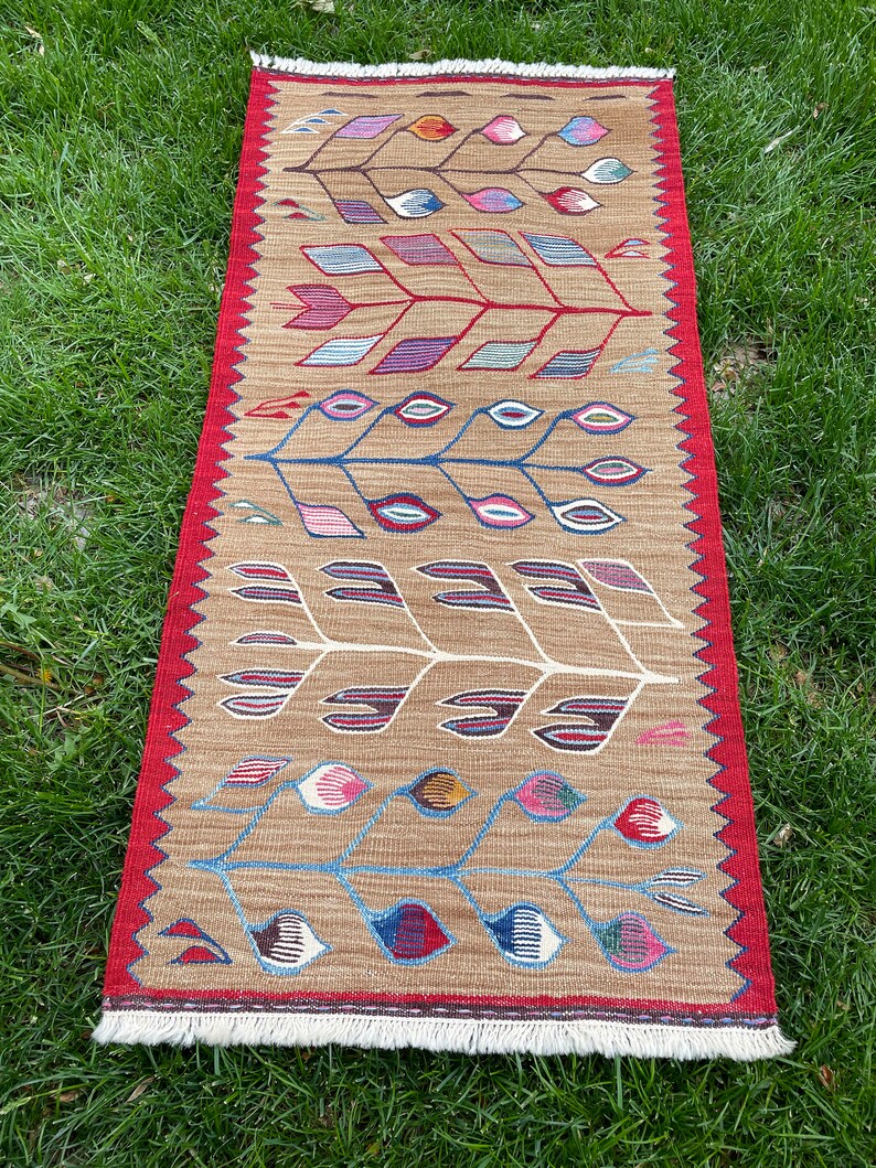 May include: A long, rectangular rug with a brown background and a colorful geometric pattern. The pattern features stylized leaves and flowers in shades of red, blue, green, and yellow. The rug has a red border and white fringe.