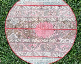 Round Rug, Small Floor Rug, Antique Patchwork Area Floor Round Rug, 2’6x2’6 Knotted Rugs, Bohemian Circle Rug, Bath Mat Rug, Door Mat Rug