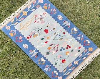 Handmade Indigo Blue Boho Turkish Kilim Rug, Oushak Kilim Rug, Bohemian Rug, Area Rug, Handwoven Rugs, Vintage Kilim Rug, 3'3” x 5’ ft