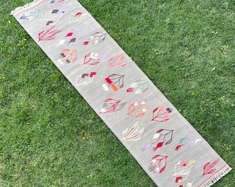 Alfombra de corredor de lana hecha a mano, alfombra de corredor moderna, alfombra de corredor, corredor de alfombra Kilim, decoración boho de granja, alfombra de corredor colorido gris, 2'3 x 9'7