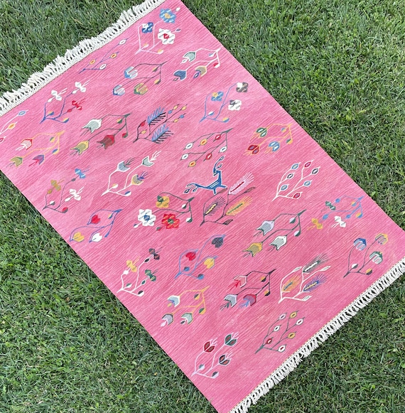 4 x 6 Sugar Pink Color Rug, Handmade Area Rug, Flowers Pattern Rug, Kilim Rug, Girl Rooms Rug, Modern Bedroom Rug, Colorful Rug