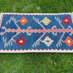 Small Rug, Oushak, Vintage Indigo Blue Floor Door Mat, Turkish Rug, Bath Mat Rug, Area Rug, Floor Rug, Hand Made Rug, Bohemian Rug, 2'9x1'7 image 4