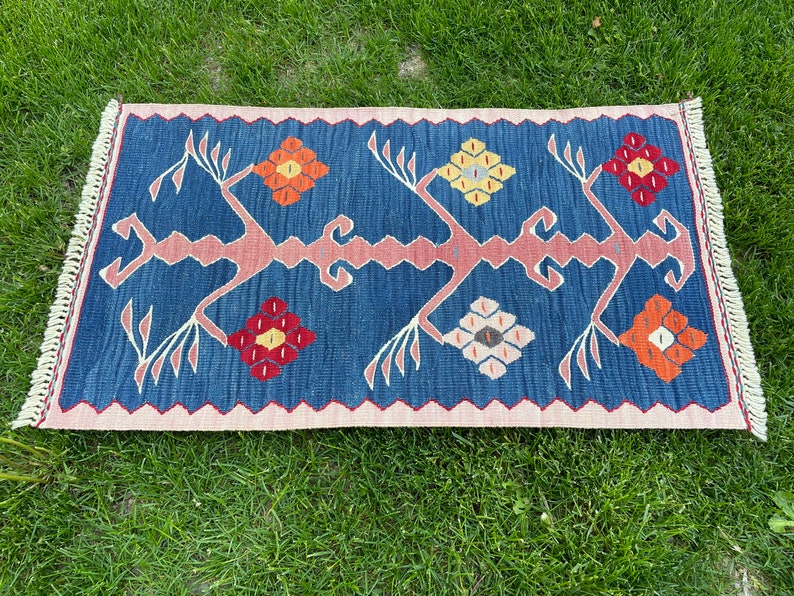 Small Rug, Oushak, Vintage Indigo Blue Floor Door Mat, Turkish Rug, Bath Mat Rug, Area Rug, Floor Rug, Hand Made Rug, Bohemian Rug, 2'9x1'7 image 4