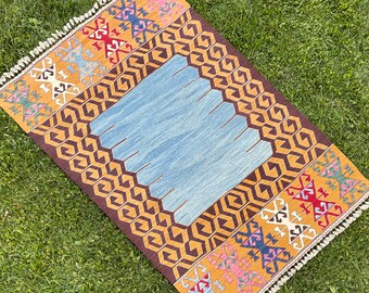 6'x3'9 ft, tappeto Kilim in lana blu tessuto a mano, tappeto Oushak, tappeto Kilim turco vintage, tappeto da cucina, tappeto da camera da letto, tappeto da ingresso, tappeto da zona, tappeto blu