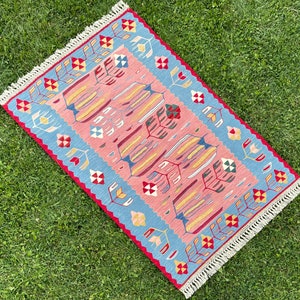 Handmade Wool Vintage Area Rug, Turkish Tribal Kilim Rug, Oushak Rug, Bohemian Kilim Rugs, Home Living Pink Kilim Rug, 3’3”x5’1” ft