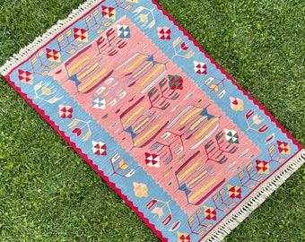 Handmade Wool Vintage Area Rug, Turkish Tribal Kilim Rug, Oushak Rug, Bohemian Kilim Rugs, Home Living Pink Kilim Rug, 3’3”x5’1” ft