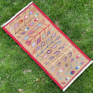 May include: A brown and red rug with a geometric pattern of stylized leaves and flowers. The rug has a fringed edge.