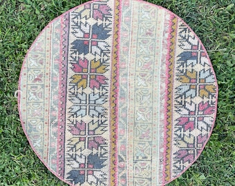 Small Round Rug, 2’6x2’6 Vintage Handmade Oval Rug, Bathroom Rug, Raund Door Mat Rug, Kitchen Round Rugs, Knotted Rug