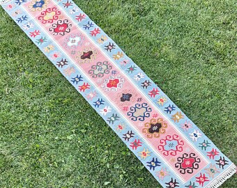 Narrow Runner Rug, Pink and Blue Color Rug, Kilim Runner, Runner Rug, Turkish Boho Runner, Hallway Rug, Turkish Oushak Runner Rug, 2’ x 9’7”