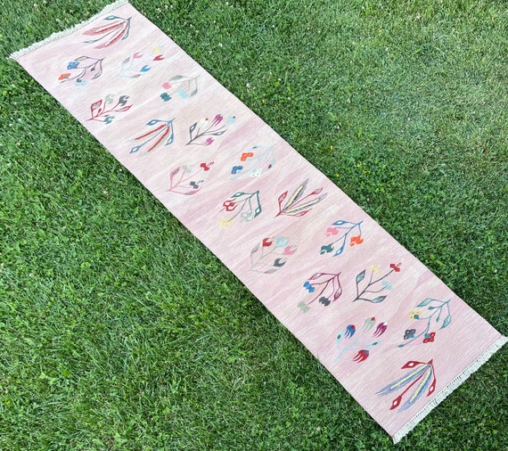 Pink Floral Short Runner Rug, Kilim Rugs Runner, Turkish Carpet Rug Runners, Home Living Room Floor Rug Runner, Handwoven Runner, 2’2x9’4 ft