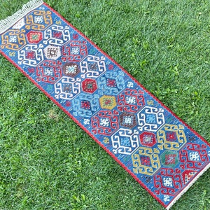 Oriental Runner Rug, Handmade Rug, Blue Kilim Runner, Hallway Rug, Entryway Rug, Kitchen Runner Rug, Blue Floor Rug Runner, 2’3” x 8’3” feet