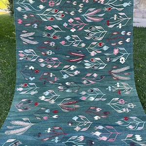 May include: A teal blue rug with a floral pattern. The rug has a white fringe border and features a repeating design of stylized flowers and leaves in shades of pink, white, and red.
