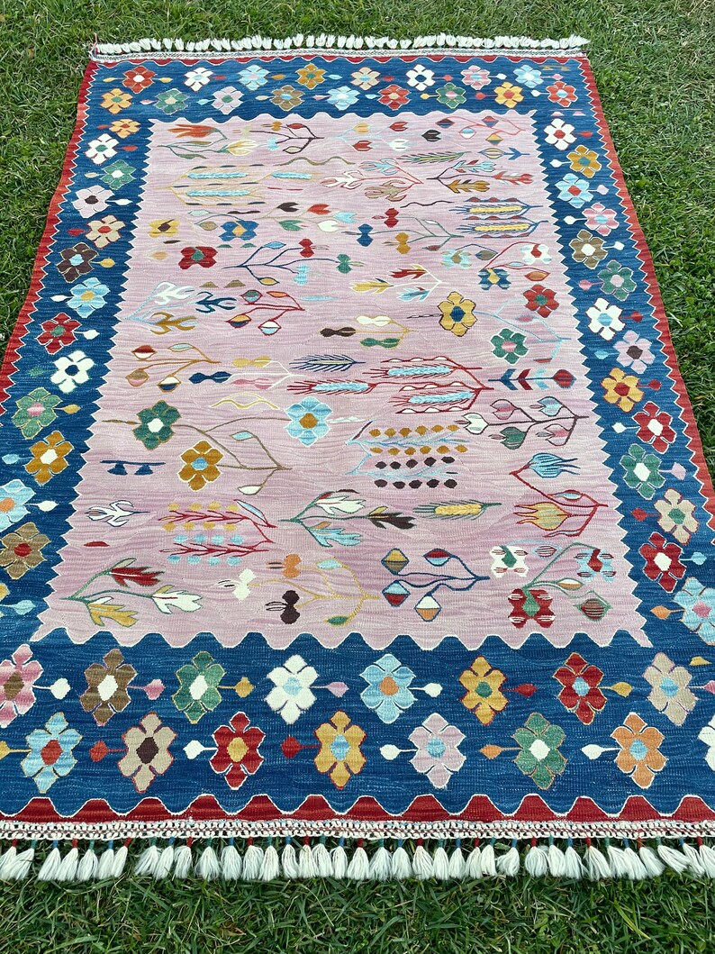 Modern Pink Bohemian Style Area Rug, Turkish Wool Pink Kilim Rug ...