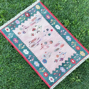 Pink Boho, Vintage Rug, Turkish Rug, Vintage Turkish Rug, Kilim, Runner Rug, Turkish Kilim Rug, Oushak Rug, Kilim Rug, 3’4”x4’9” ft