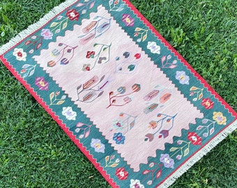 Pink Boho, Vintage Rug, Turkish Rug, Vintage Turkish Rug, Kilim, Runner Rug, Turkish Kilim Rug, Oushak Rug, Kilim Rug, 3’4”x4’9” ft