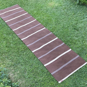 3’5x 15’ Handwoven Natural Brown and White Long Runner Rug, Striped Kilim Rug Runner, Hallway Rugs, Runner Rug, Wool Kilim Runner