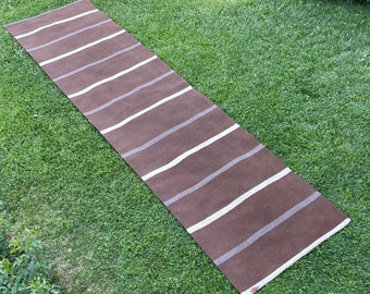 3’5x 15’ Handwoven Natural Brown and White Long Runner Rug, Striped Kilim Rug Runner, Hallway Rugs, Runner Rug, Wool Kilim Runner