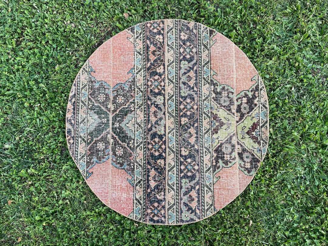 Hand Knotted Vintage Round Rug, Oushak Round Rug, Turkish Round Rug ...